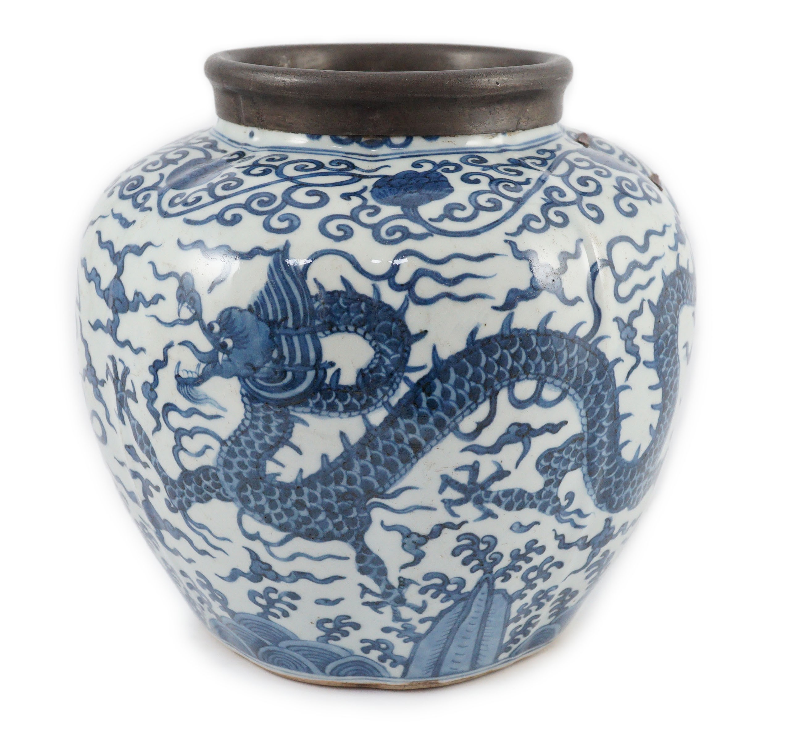 A Chinese blue and white ‘dragon jar, Wanli mark and possibly of the period, 23 cm high